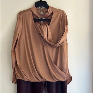 BOLD elements Tan Asymmetrical Long Sleeve Blouse